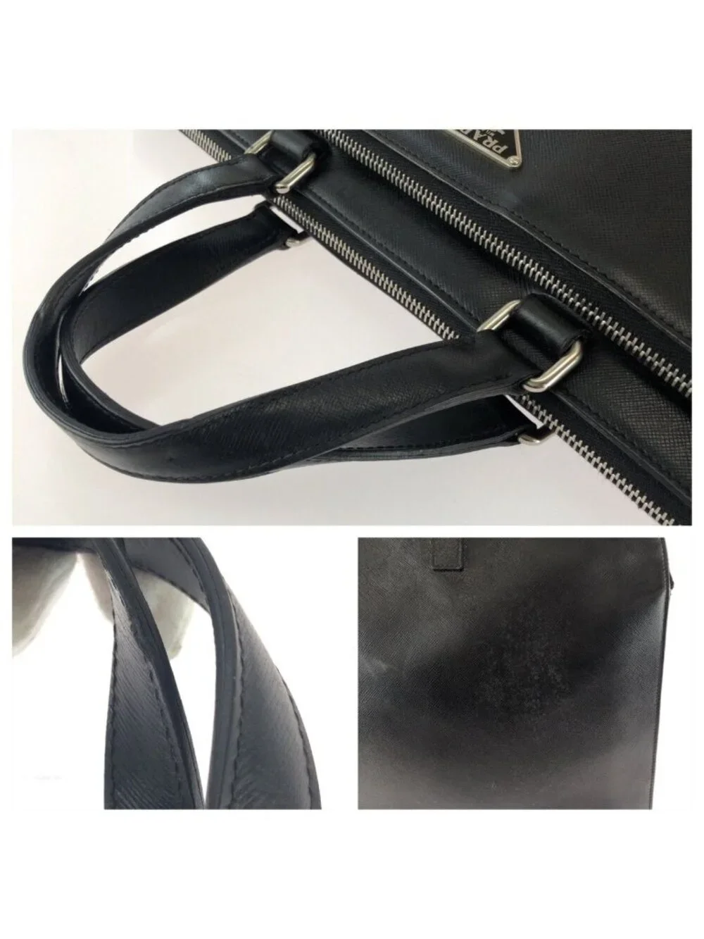 Prada Saffiano Black Silver Leather Business Briefcase